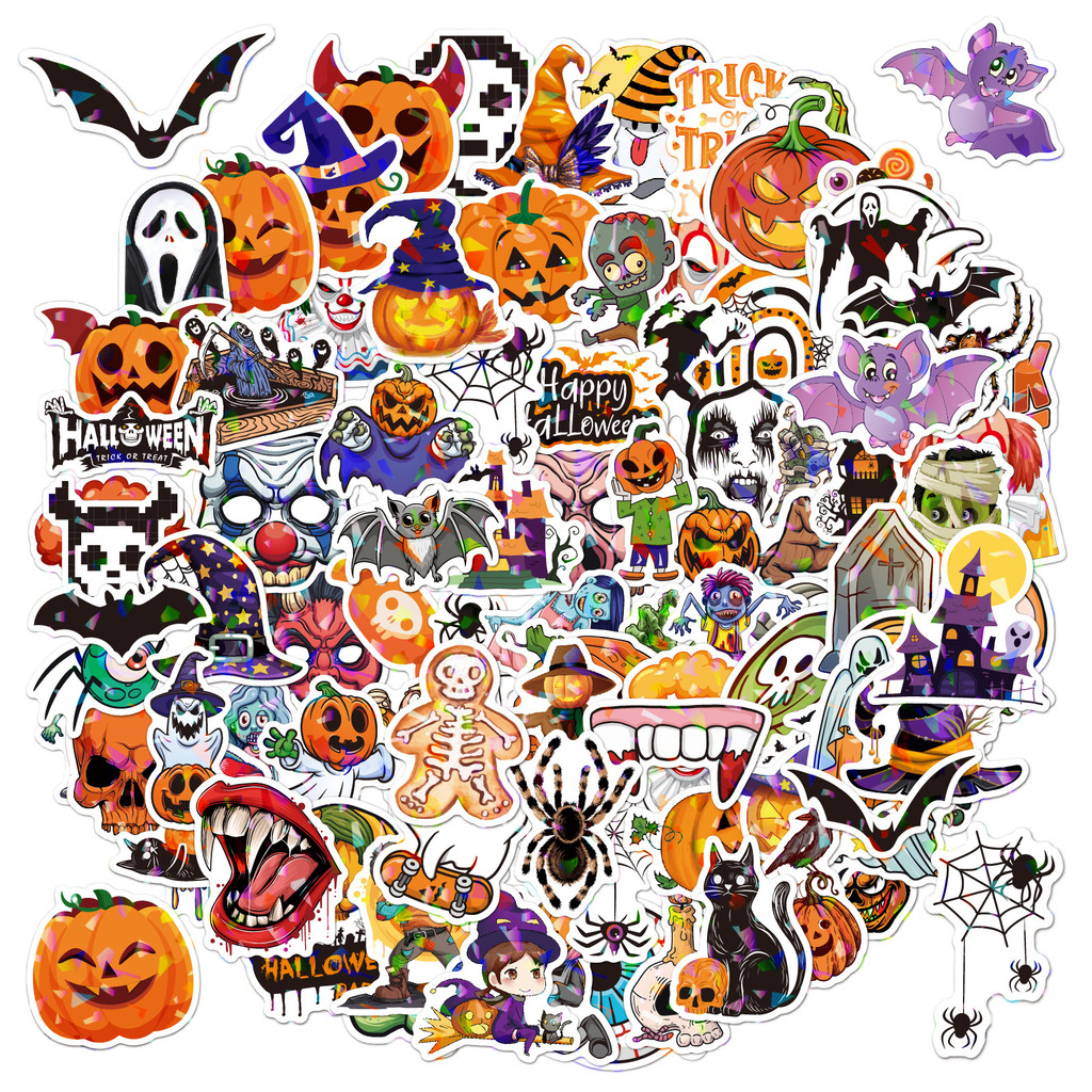 

100PCS Holographic Halloween Stickers Bling Waterproof Party Decoration Favors Games Toys Gifts Party Supplies Laptop Luggage