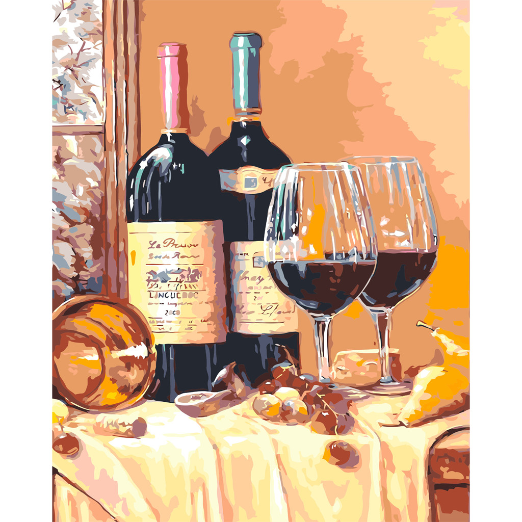 

Wine Themed Still Life Digital Painting Bottles Glasses and Fruits Perfect for Bar Decor i11415