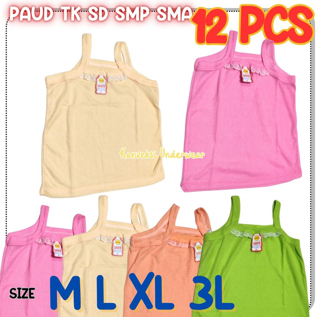 12 Pcs Kaos Dalam Anak Perempuan Singlet Anak Remaja PAUD TK SD SMP SMA Motif Aksen Renda Grosir