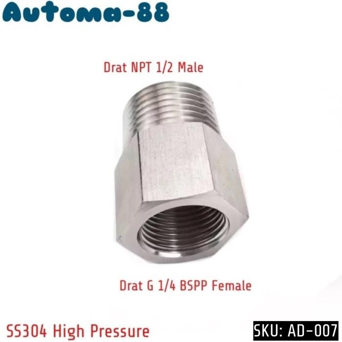 LT68 - AD-007 Adapter Reducer Drat Dalam G 1/4 Female BSPP x Drat Luar NPT 1/2 Male Stainless Steel 