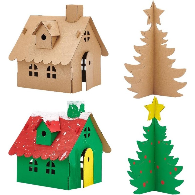 

6 Sets 2 Styles Christmas Gingerbread House Kit Unfinished Cardboard 3D Paper Card for Family Holiday Fun Party Gamejavascript