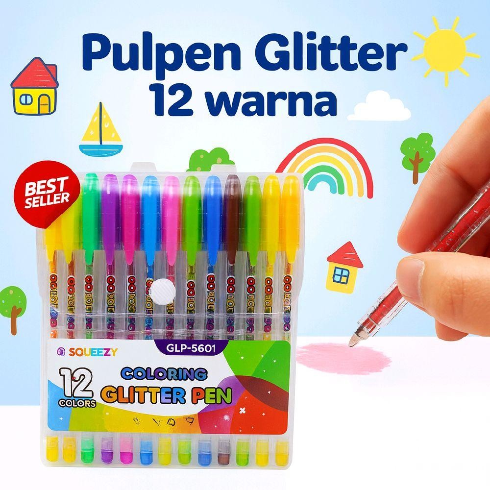 

Pulpen - Bulpen Glitter Squeezy 12 Warna – Coloring Glitter Pen Best Seller Sekolah Stationery Tinta
