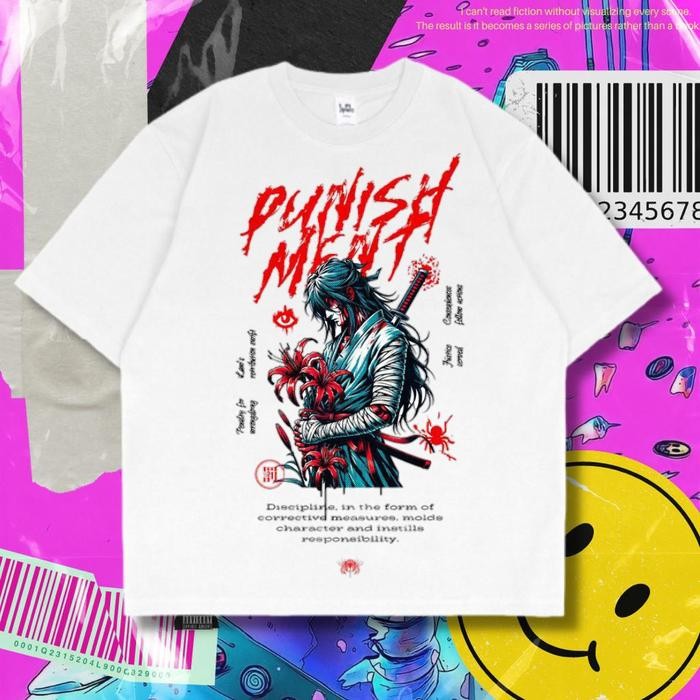 (COD) Punishment Oversized T-Shirt White Vintage Tee Atasan Unisex Baju Kaos - M