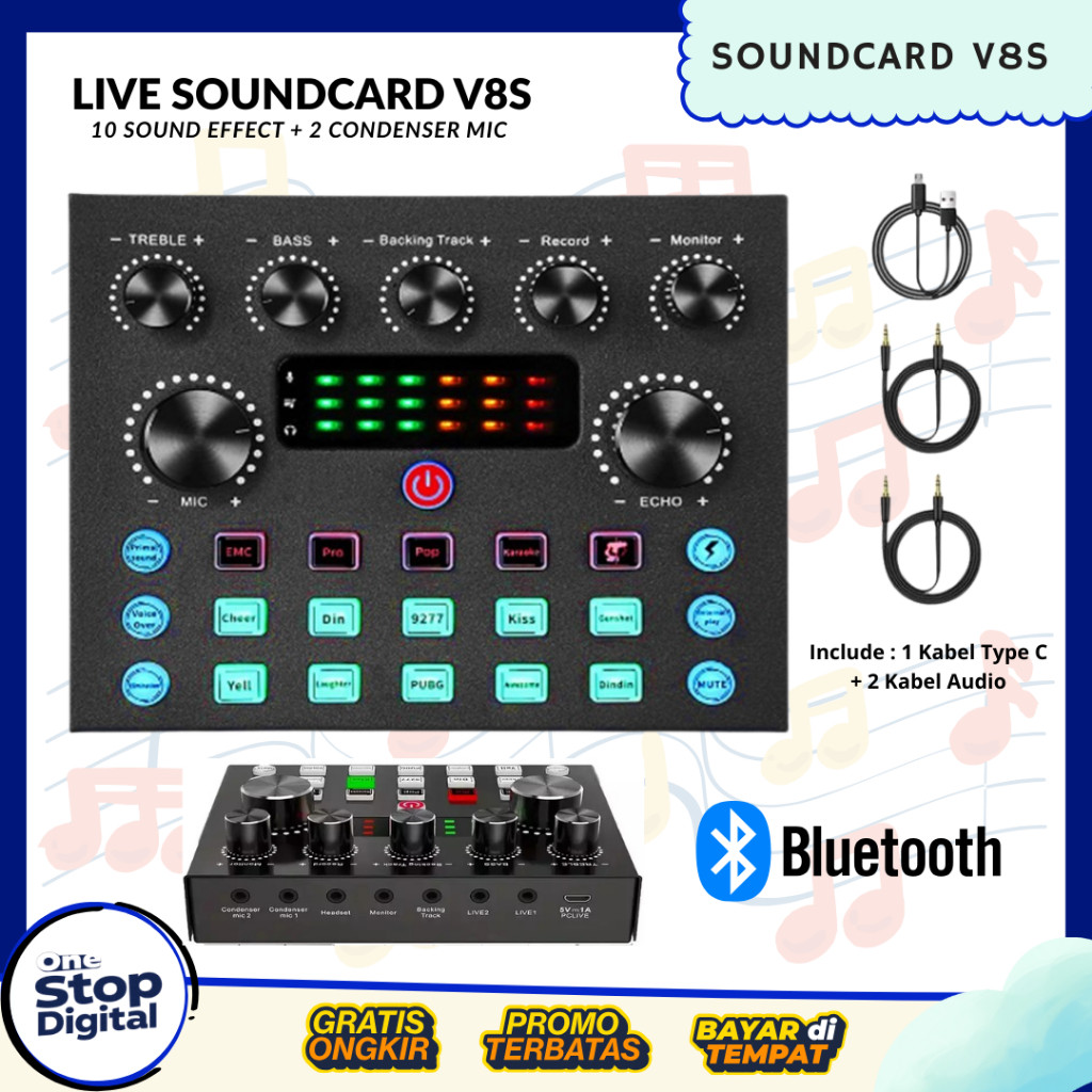 DISKON Sound Card V8S Soundcard V8S Live Audio Soundcard Mixer Broadcast Recording Karaoke USB Exter