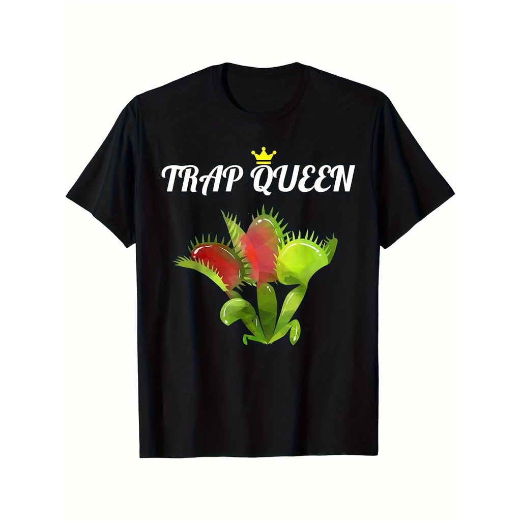 Kaos Pria Gaya Retro "Ratu Perangkap" - Kaos Hitam Kerah Bulat, Desain Tumbuhan Karnivora & Lalat, G