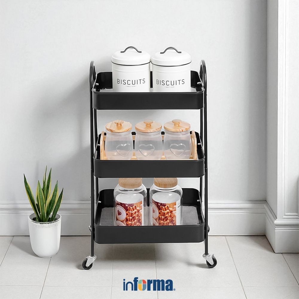 Informa Walter Ii Rak Troli Dapur 3 Tingkat Gloss - Hitam Tempat Penyimpanan Multifungsi Storage Tro