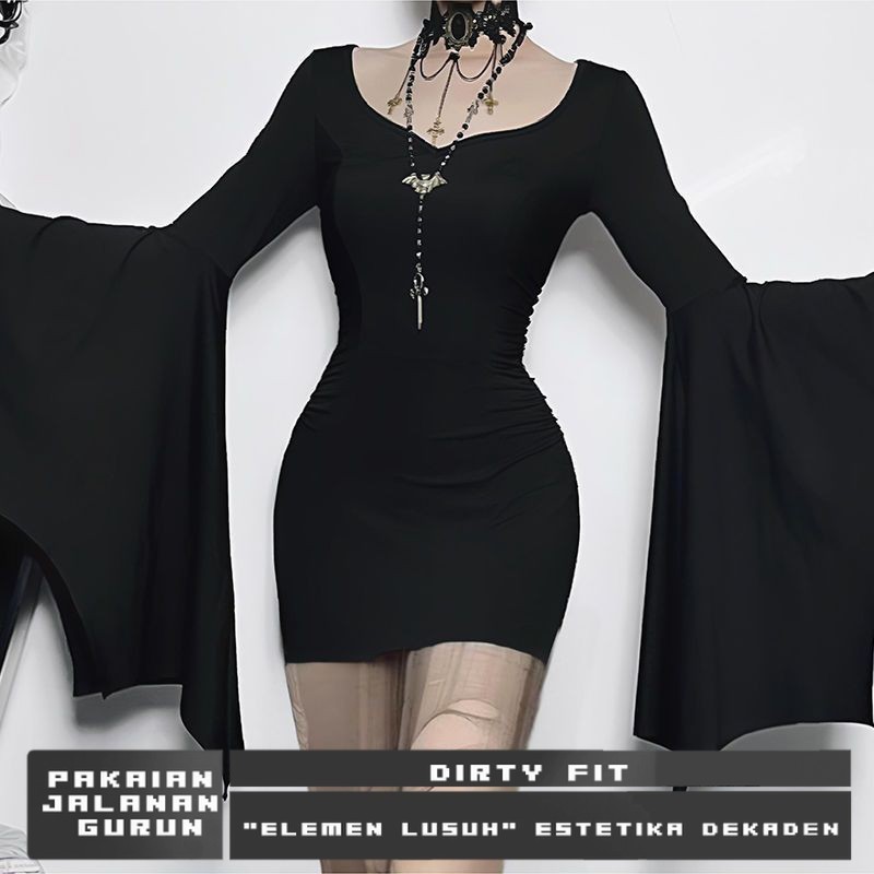 WannaThis Dark Gothic Bat Lengan Panjang Gaun Wanita Halloween Pinggang Cinching Slim Hip SkirtDress
