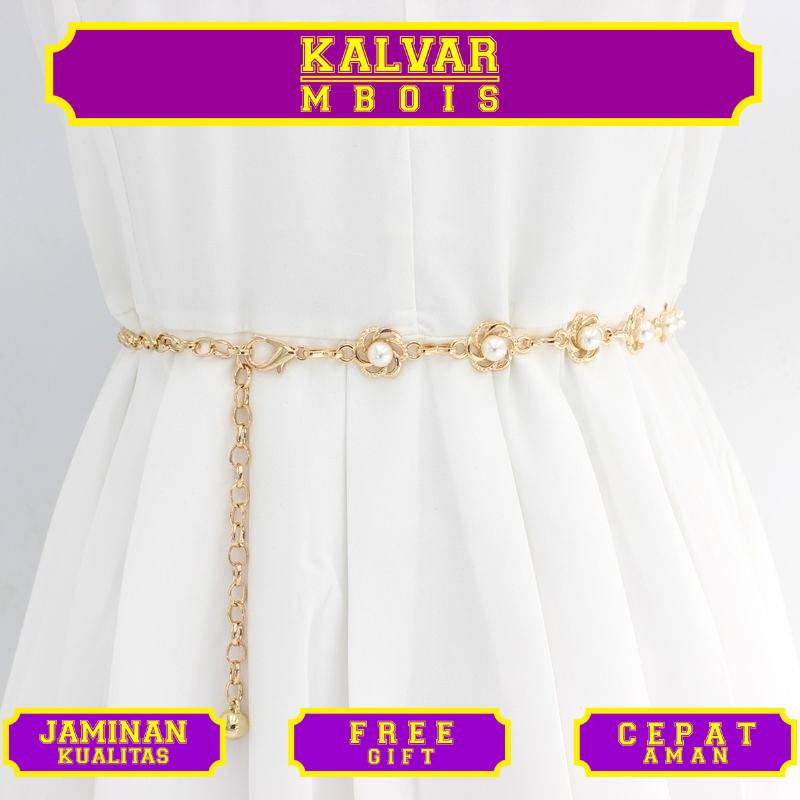 BGS-142 Rantai Pinggang logam Belt Rantai Motif Bunga Mutiara Branded Fashion Gesper Wanita Women Be