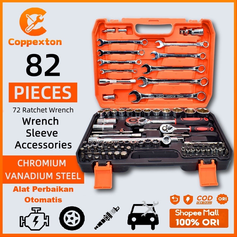 Coppexton 82pcs Tool Kit Kunci Shock Set Tool set Hand socket set Tool set kunci pas Kunci Shock sok