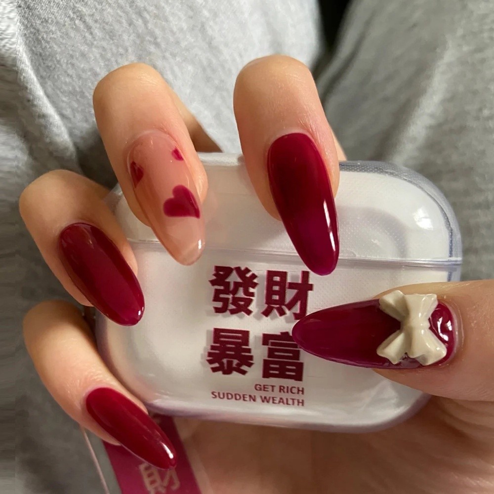 X38 Anggur merah hatinya memakai kuku panjang cinta manicure perasaan tinggi murni merah palsu kuku 