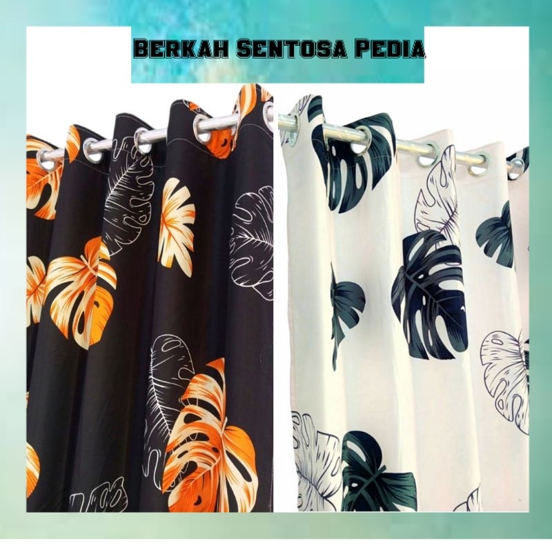 hordeng jendela pintu smokring motif daun aestetic bahan katun tebal
