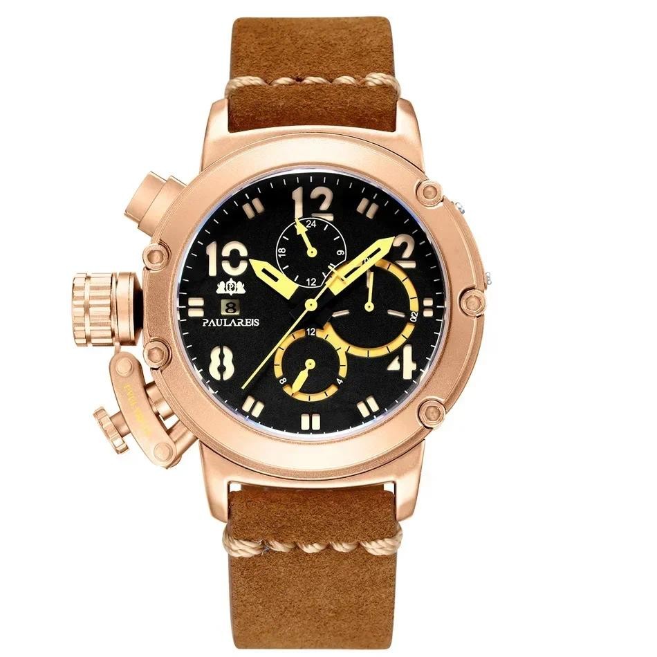 Automatic Mens Watch Self Wind Mechanical Genuine Brown Leather Multifunction Boat Limited Rose Gold