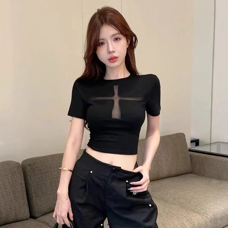 Air ZZ124 Crop Top Short Sleeve Pakaian Atasan Wanita Import Top Rib knit Senam Aerobik Crop Silang 