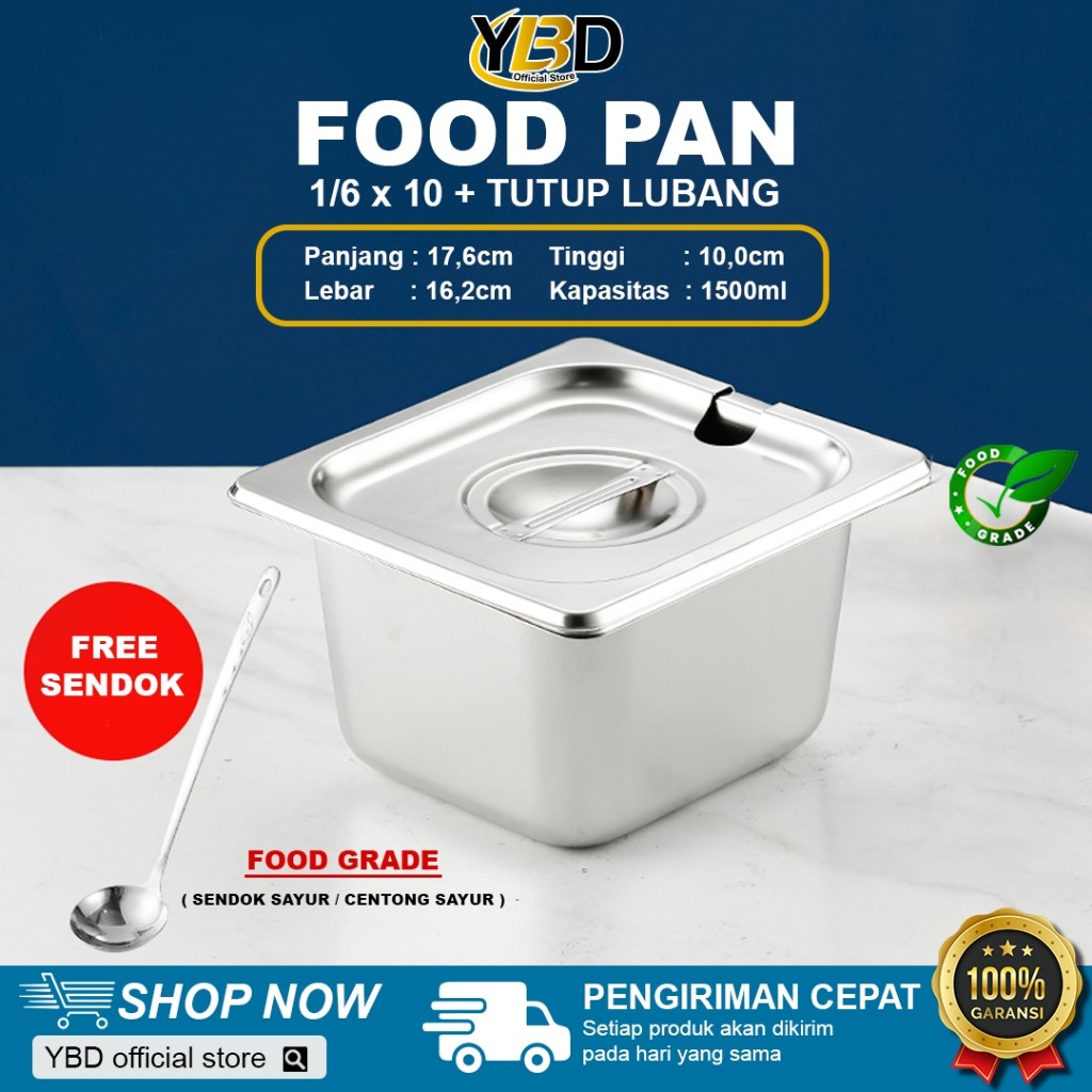 quen hall  | Food Pan Stainless + Tutup lubang 1/6 x 10cm | Tempat makanan satu set bahan stainless 