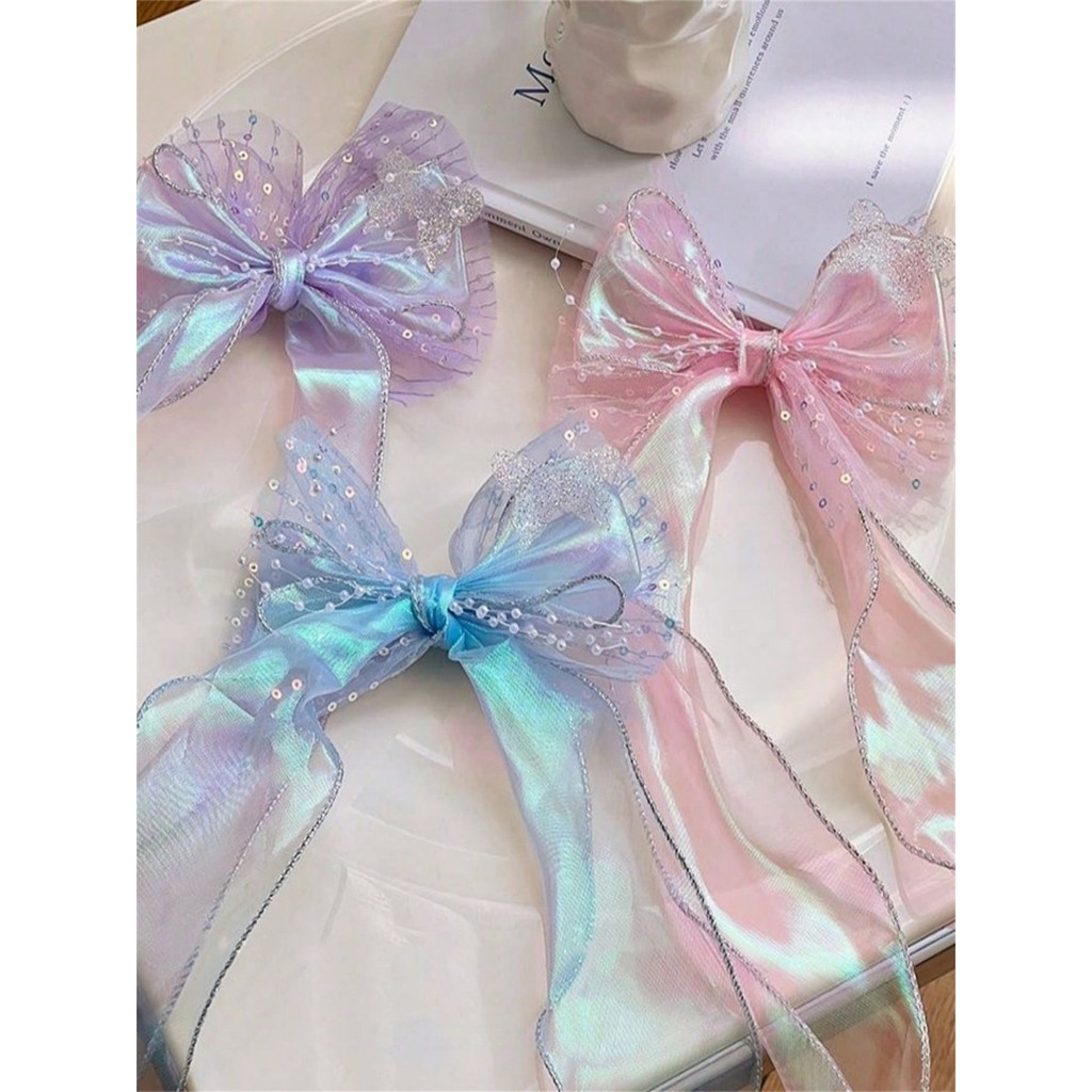 1 women's new ribbon bow hair clip Pearl mesh bow Long ribbon hair clip hair accessories