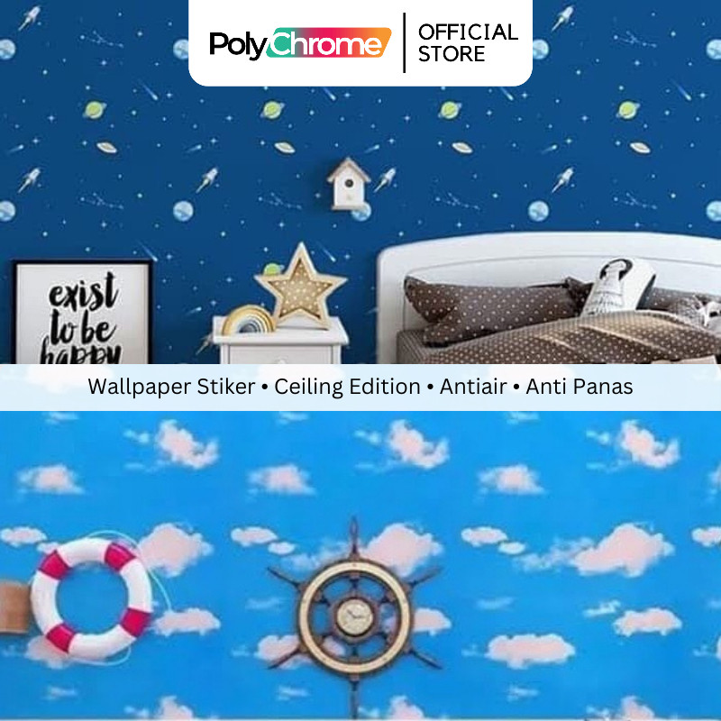 Wallpaper Plafon & Dinding Awan Planet Pesawat Biru Tua Muda Ceiling Plastik GH144 GH001 GH141 CY110