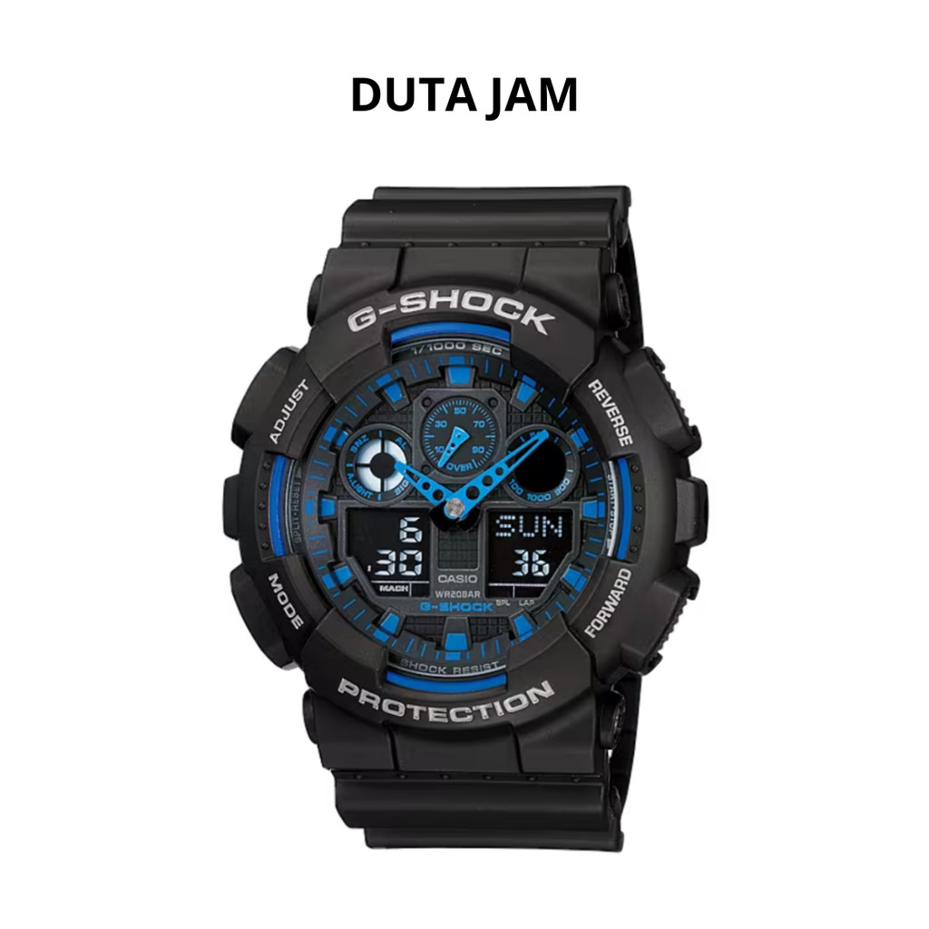 JAM TANGAN PRIA G-SCHOCK GA100 GA 100 GA-100 1A2 BLACK BLUE GIDITAL ANALOG RESIN STRAP