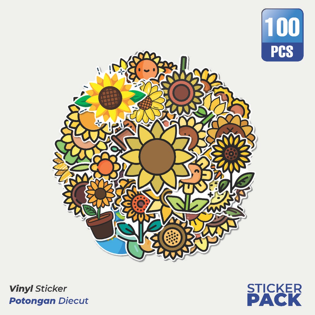 MURAH 100 PCS Stiker Bunga Matahari Cartoon (Sunflower) Waterproof Aesthetic- Untuk Laptop, Motor, d