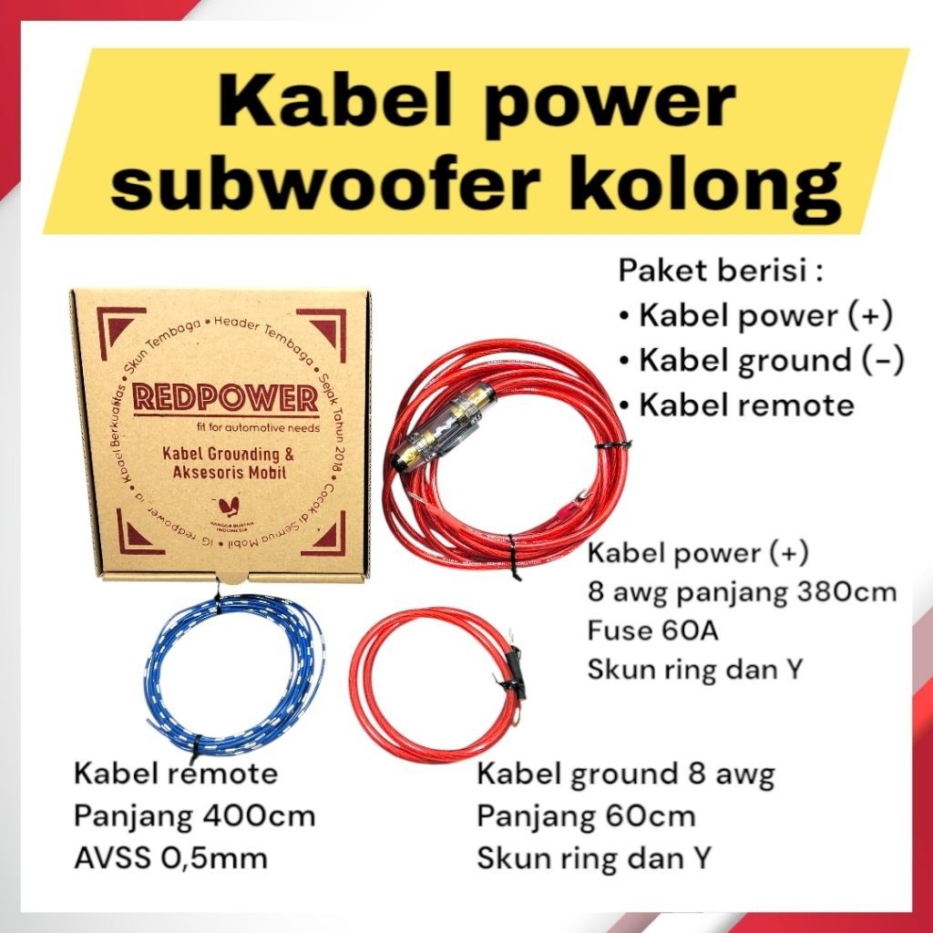 Redpower Kabel power ground wire kit untuk car audio mobil fuse subwoofer sub kolong mobil siap paka