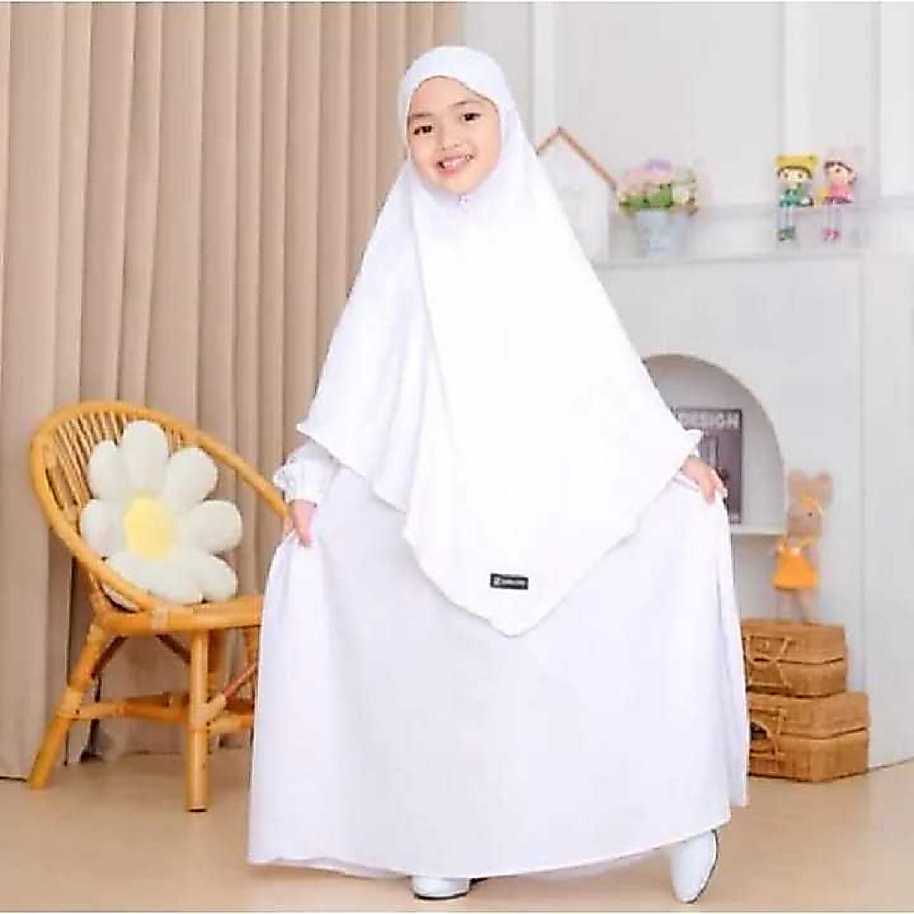 Gamis Syari Anak Crinkle Nabila Set Hijab Terbaru Viral Hitam / Putih Bisa untuk manasik haji umroh 