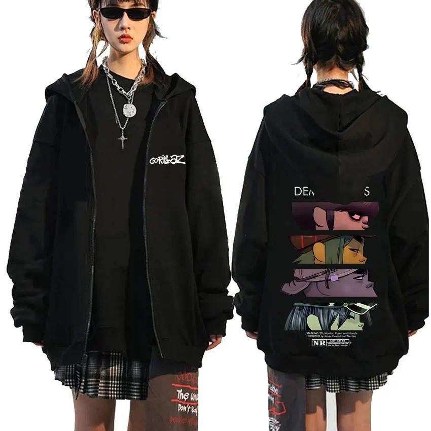 Jaket Rock Band Gorillaz Demon Days Eyes Graphic Zipper Hoodie Jacket Unisex Zip Up Sweatshirt