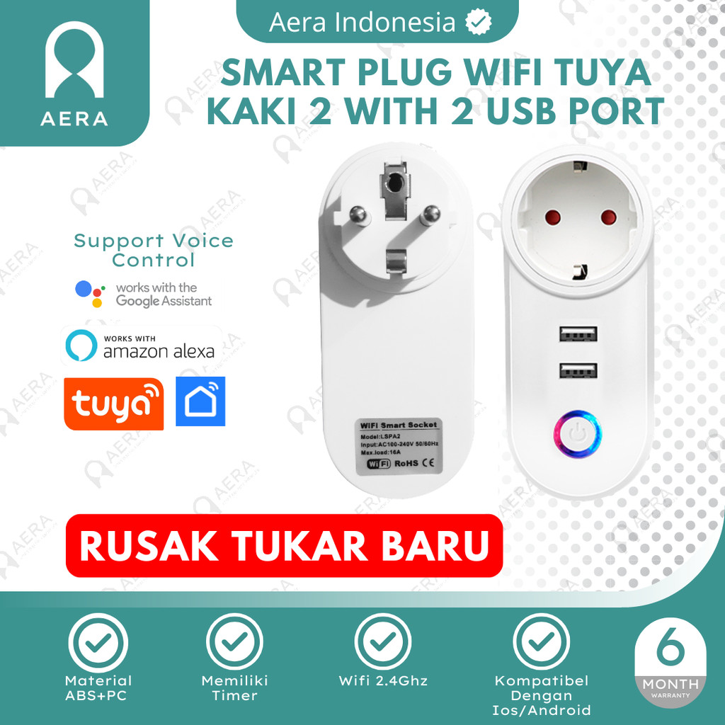 AERA Smart Plug Wifi Tuya Kaki  2 With 2 Usb Port | Oversteker Kaki 2 Tuya Smart Home Kaki 2 | Tuya 