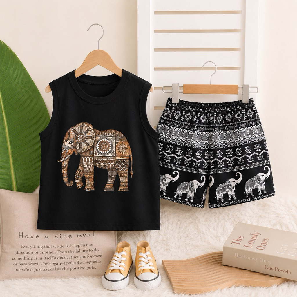 (kuffa kids) Setelan Viral Lekbong Gajah Thailand Celana Pendek Baju Anak Harian Usia 1-5 Tahun
