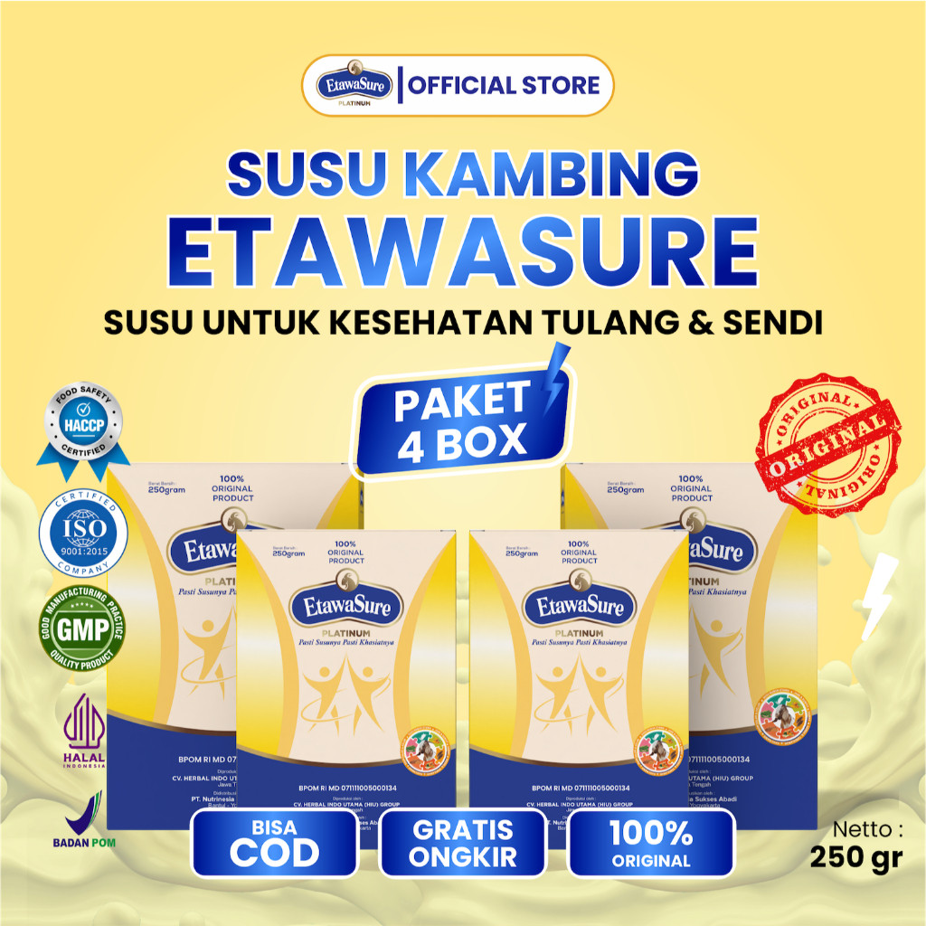 

Etawasure [Paket Hemat 4 Box 1kg] Susu kemasan 250gram/box Resmi BPOM - Susu Untuk Therapy Tulang dan Sendi - Susu Etawasure rasa Jahe Atasi Kesemutan dan Kebas - kebas - Susu Etawasure Original