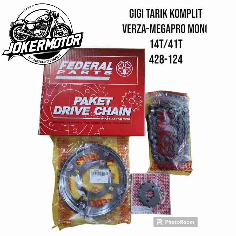 GEAR GIR SET PAKET GIGI TARIK KOMPLIT DEPAN BELAKANG RANTAI HONDA VERZA MEGAPRO  (428-14T/41T/124L) 