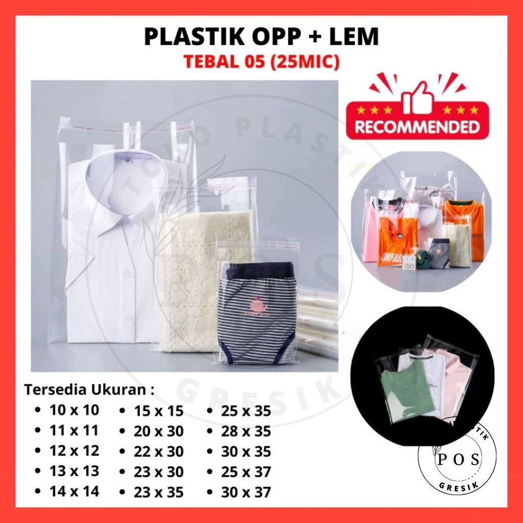 

(05) 20x30/22x30/23x30 isi 100-lbr Plastik OPP Kaca Lem Bungkus Baju Kaos Jaket Packing Sandal Kerudung Anak Dewasa Garmen micron kemasan Packing bening Seal Lem Konveksi Jahit