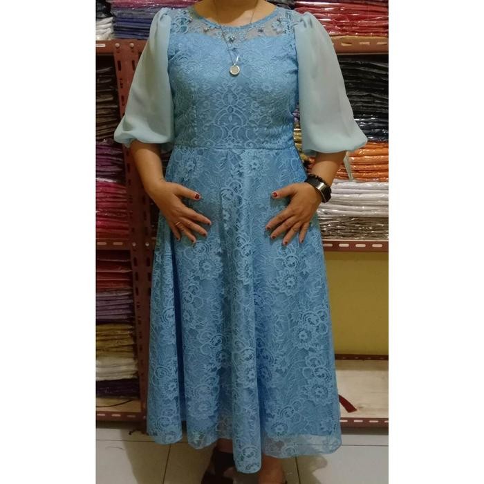 NJ03 Dres SEMI BROKAT WANITA Viral KEKINIAN Terbaru/BAJU KEBAYA SEMI PRANCIS MIX SIFON - biru, Int:L