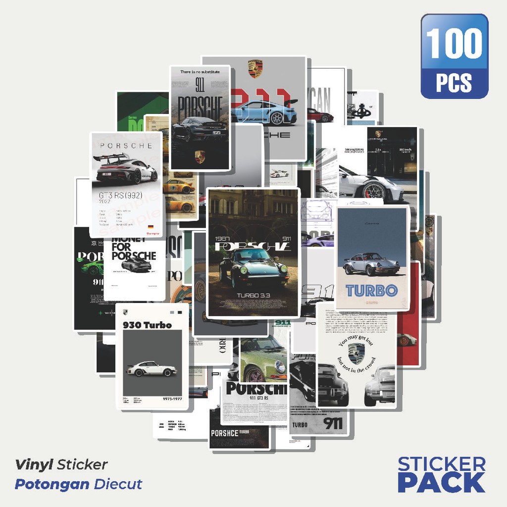 

100 PCS STIKER Poster Posrche Waterproof Aesthetic- Untuk Laptop, Motor, dan Helm - Paper Stationery Pack