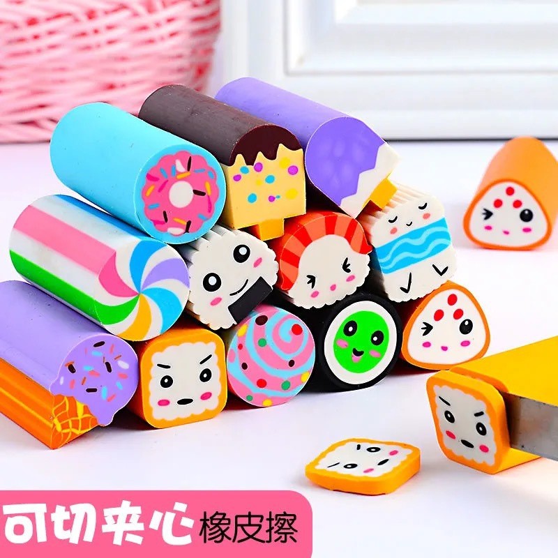 

6pcs/Box Cutable Eraser Cute Toy Sushi Dessert Football Shape Eraser Pupil Prize No Debris Cute School Supplies Kawaii Eraser