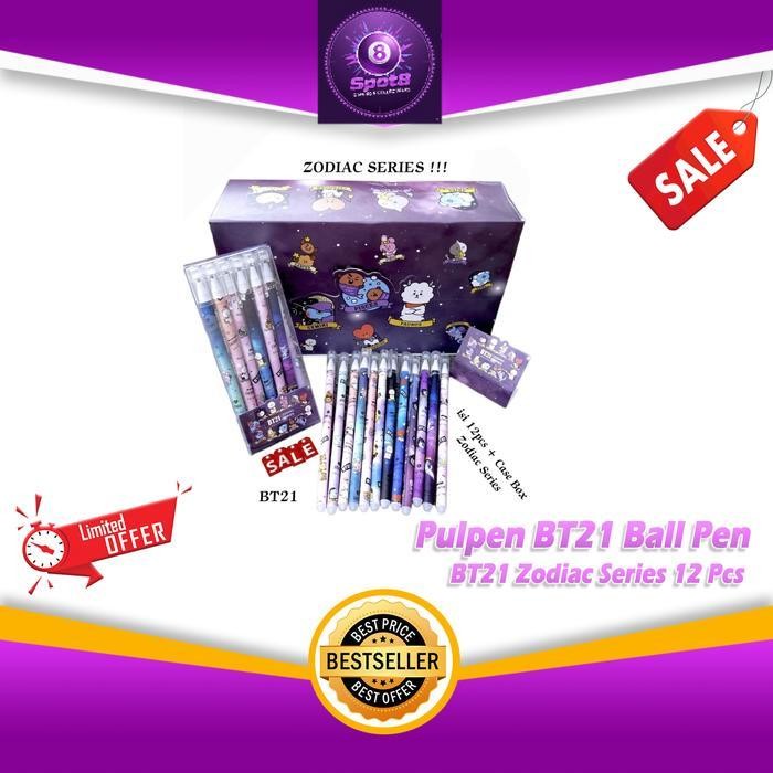 Spot8Murah Pulpen BT21 Ball Pen Bisa Dihapus Karakter BT21 Zodiac Series 12 Pcs Plastik Gray Sekolah