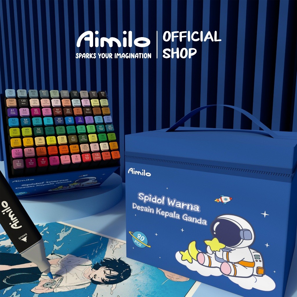 

[READY] Aimilo Spidol Warna Warni 1 Set Kemasan Kartun Sketch Marker 2 Tip Marker Set 48/60/80 Warna