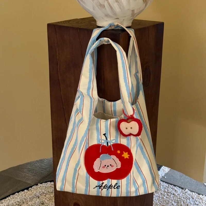 TasBagus Tas Kanvas Bergaris Anak Anjing Apel Lucu Tas Wanita