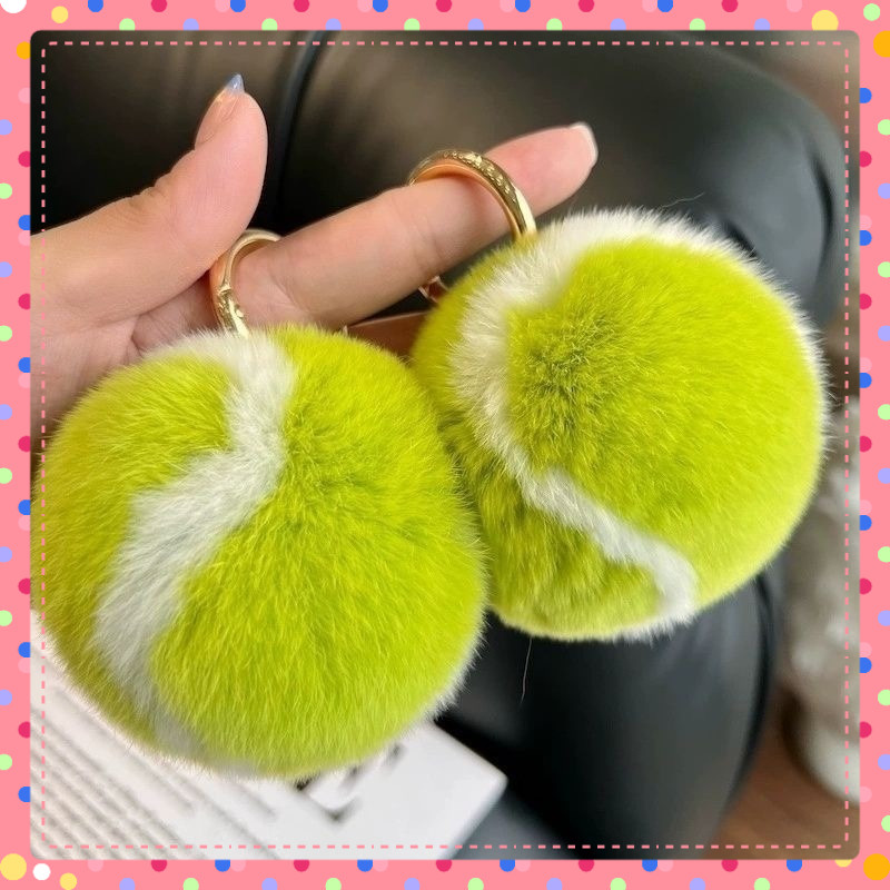 Bulu Kelinci Berang -berang Asli Tas Tennis Kecil Tas Gantung Racket Mobil Keychain