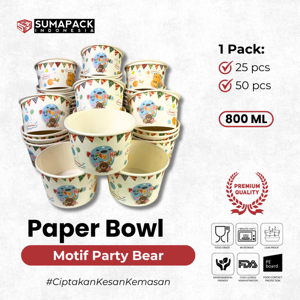 Paper Bowl 800 ml | Paper Rice Bowl | Mangkok Kertas | Motif Party Bear