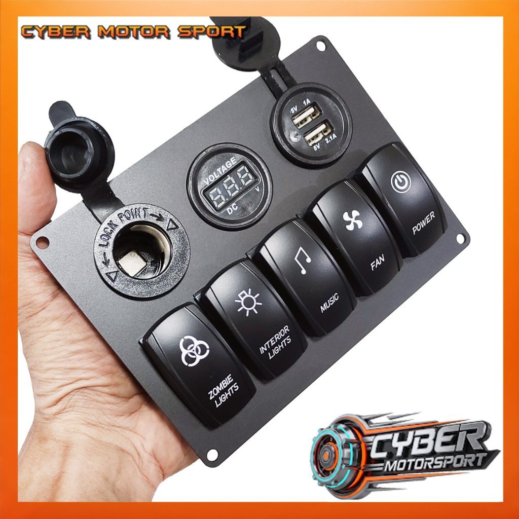 dashboard panel mobil instrument saklar 5 tombol usb charger volt meter dc socket 12 volt 24 volt. S