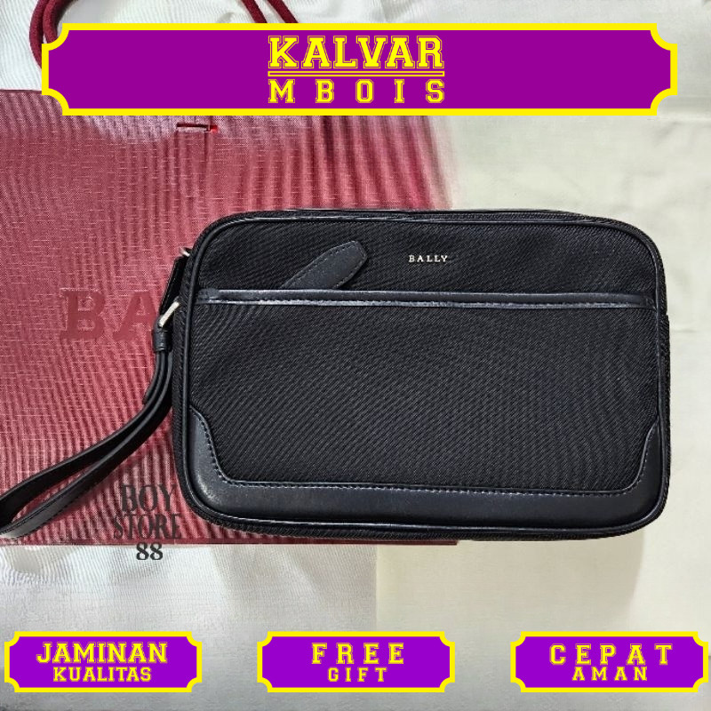 TAS BALLY MEN CALIROS CLUTCH BAG BLACK STRIPES AUTHENTIC