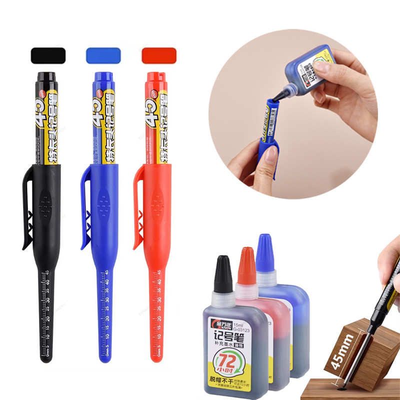 

45mm Deep Hole Marker Pens Long Nib Head Carpenter Pen Black/Blue/Red Ink Waterproof For Measuring Woodworking Hand Tools