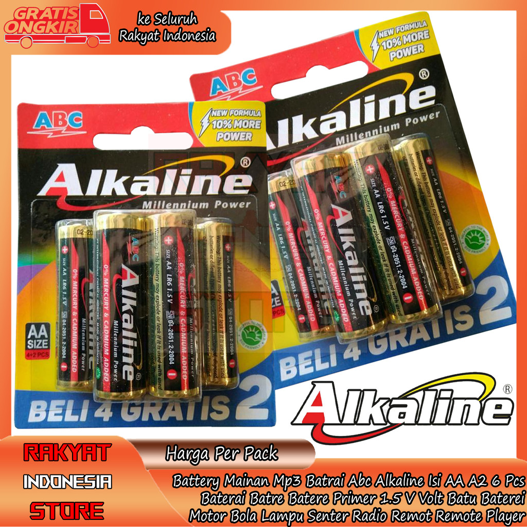Alkaline Type Tipe Baterai AA A2 1.5v Isi 4+2 6 Pcs Batere Ori Abc Battery Batu Jam Remote Remot Ele
