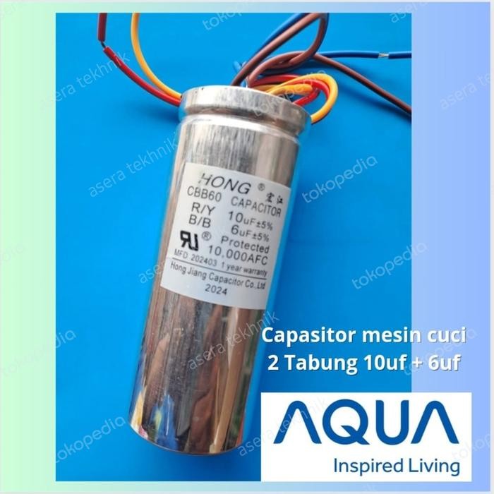 sPaRePaRt CAPASITOR MESIN CUCI AQUA 2 TABUNG 10uf + 6uf ORIGINAL