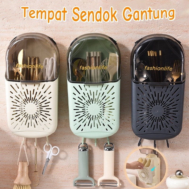 Tempat Sendok Gantung/Tempat Sendok Garpu Sumpit dengan Tutup/Rak dapur tempel tembok/Tempat Penyimp