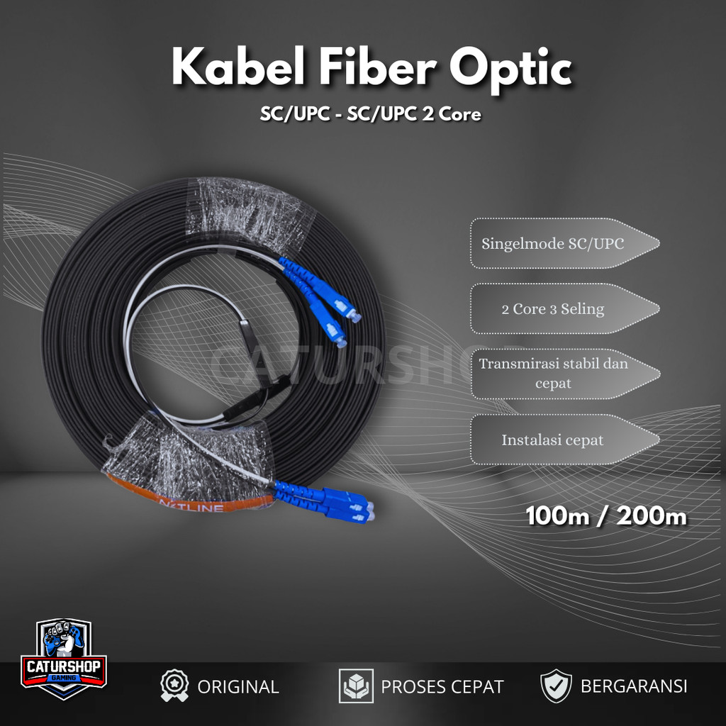 Kabel Fiber Optic 2 Core SC UPC Outdoor FTTH 100 /  200 Meter Precon Single Mode