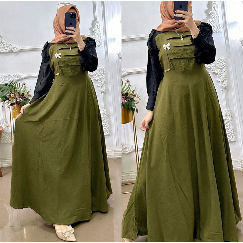 GAMIS ADERA DRESS CRINKLE AIRFLOW KOMBINASI FASHION MUSLIM DRESS SIZE S-M-L-XL-JUMBO