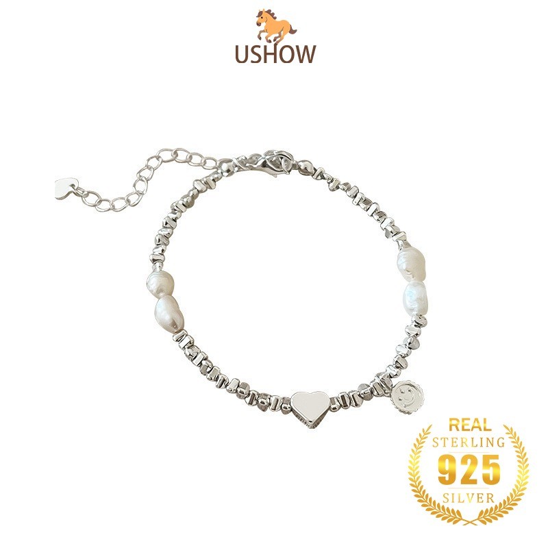 USHOW Gelang Mutiara Air Tawar Perak S925 Gaya Wanita