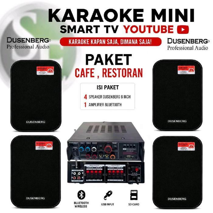 Paket Premiun"ss Cafe & Restoran – 4 Speaker Dusenberg 6 Inch + Amplifier Bluetooth Play Musik Youtu