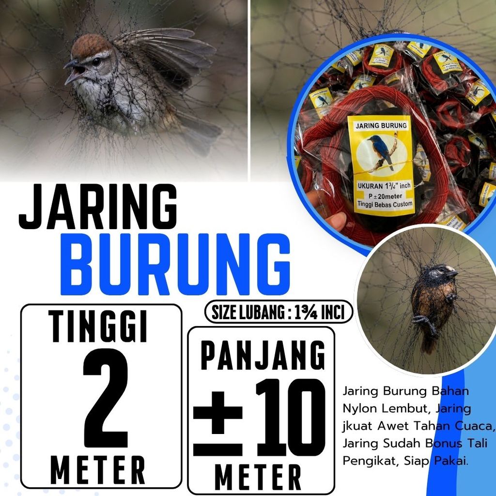 Jaring burung emprit siap pakai bonus tali Lubang Kecil 1 Jari 1¾" Bahan senar tebal 0.15mm. Ukuran 