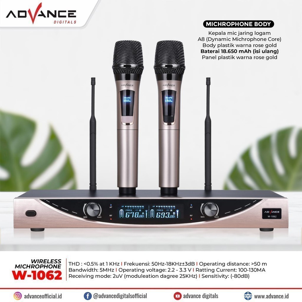 Mic Wireless Advance W-1062 high quality, 2 Mic
